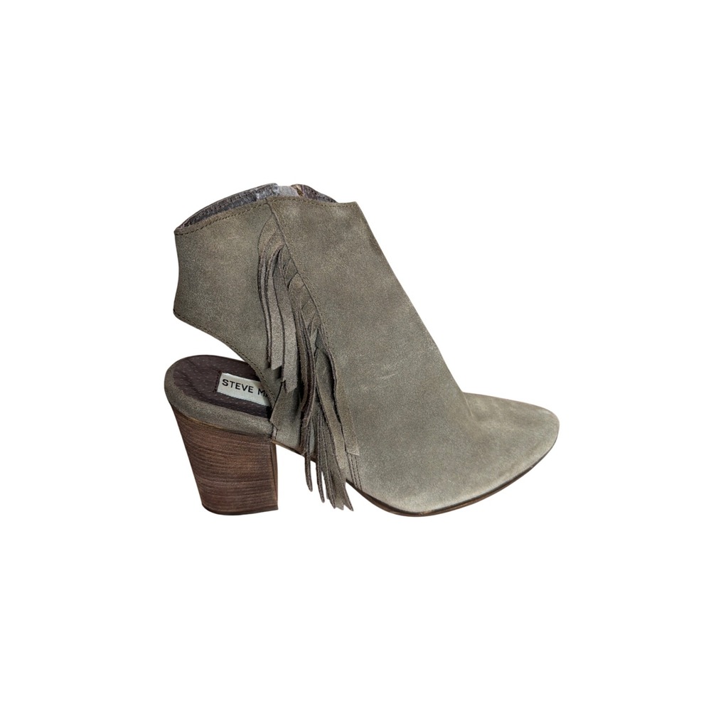 Steve Madden Malvina Olive Green Suede Fringe Open Heel Ankle Booties Size 9